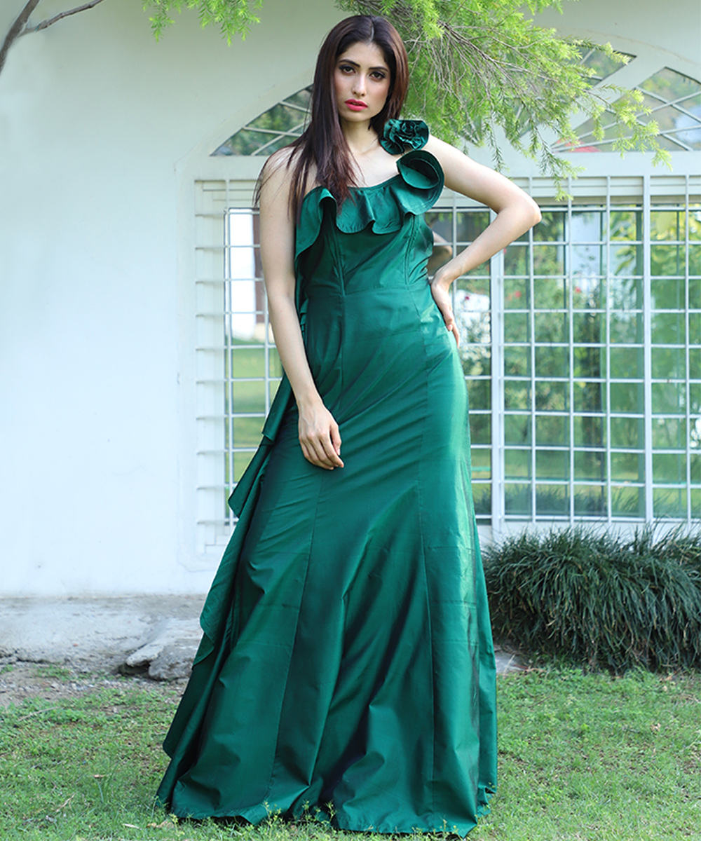 one shoulder green gown